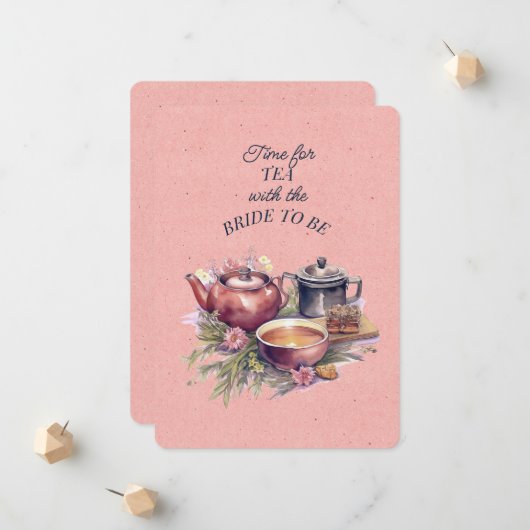 Roze Bruids Tea Party Theepot uitnodiging (Voorkant / Achterkant in situ)