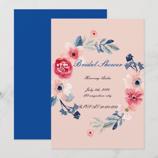 ROZE BRUIDSBAD UITNODIGING MET BLOEMEN (Voorkant / Achterkant)