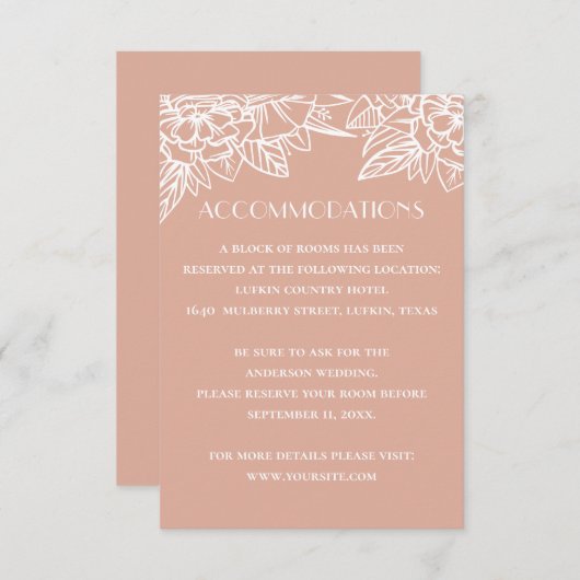 Roze bruiloft accommodaties. Bloemen QR details Informatiekaartje (Voorkant / Achterkant)