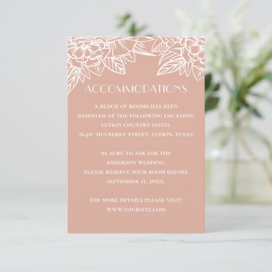 Roze bruiloft accommodaties. Bloemen QR details Informatiekaartje (Staand voorkant)