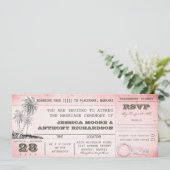  roze bruiloft boarding pass met handpalmen kaart (Staand voorkant)