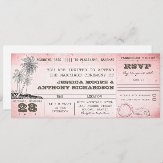  roze bruiloft boarding pass met handpalmen kaart (Voorkant / Achterkant)