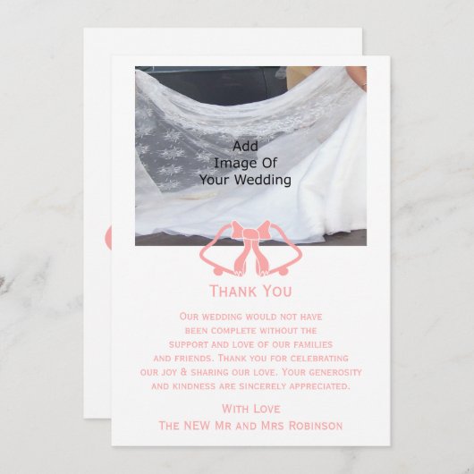 Roze bruiloft Dank u kaart bellen en lint (Voorkant / Achterkant)