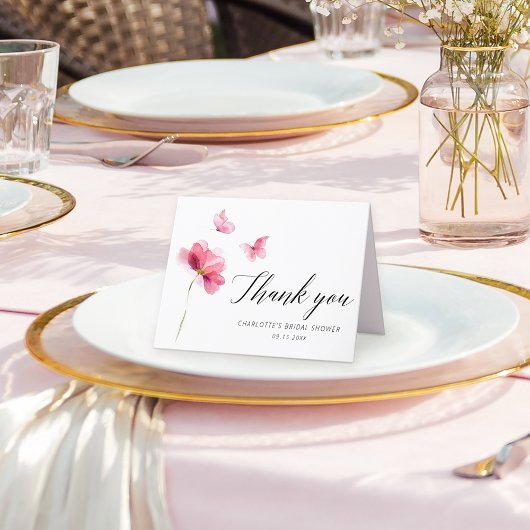 Roze Bruiloft Dankkaart met Bloemen Bedankkaart