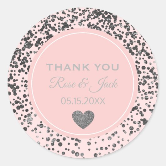 Roze Bruiloft Faux Silver Glitter Confetti Stippen Ronde Sticker (Voorkant)