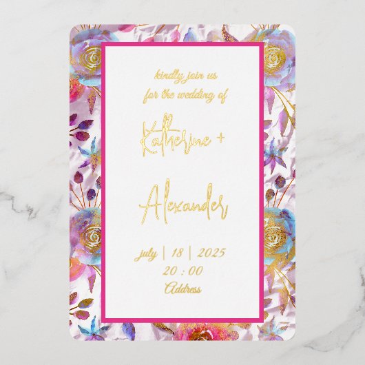 Roze bruiloft floral Lily Invitation classics Gold Folie Uitnodiging (Voorkant)