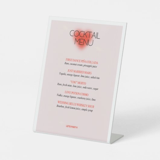 Roze bruiloft klassieke cocktail menu reclamebord met voetstuk (Voorkant)