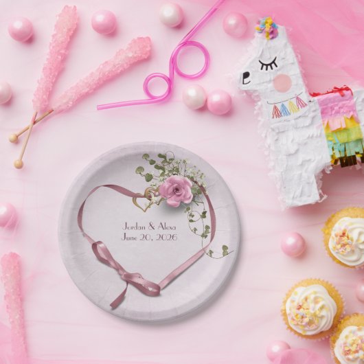 roze bruiloft met linthart met roos papieren bordje (Feest)