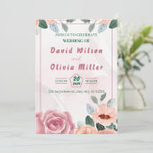 Roze bruiloft met waterverf bloemen, bladeren kaart (Staand voorkant)