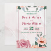 Roze bruiloft met waterverf bloemen, bladeren kaart (Voorkant / Achterkant)