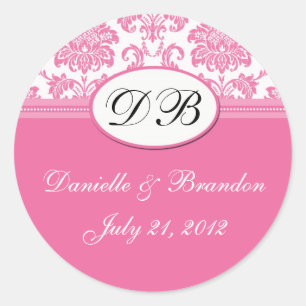 Roze bruiloft Monogram Damask Seal Ronde Sticker