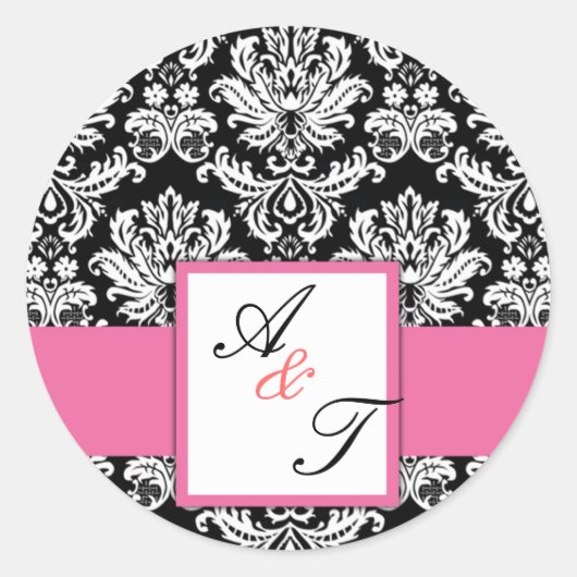 Roze bruiloft Monogram Damask Seal Ronde Sticker (Voorkant)