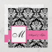 Roze bruiloft Monogram Damask uitnodiging (Voorkant / Achterkant)