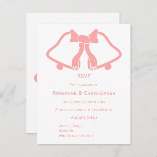 Roze bruiloft RSVP Kaart bellen en lint (Voorkant / Achterkant)