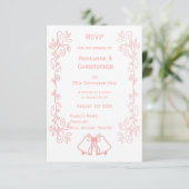 Roze bruiloft RSVP Kaart Bells Scrollwork (Staand voorkant)