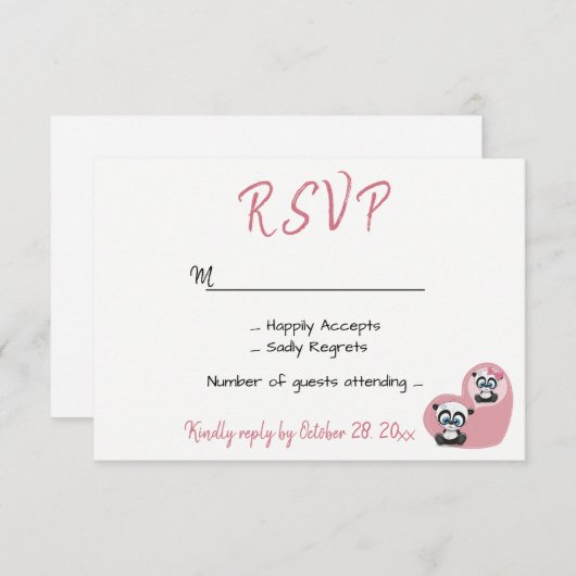 Roze bruiloft RSVP Panda Teddy Bear Heart (Voorkant / Achterkant)