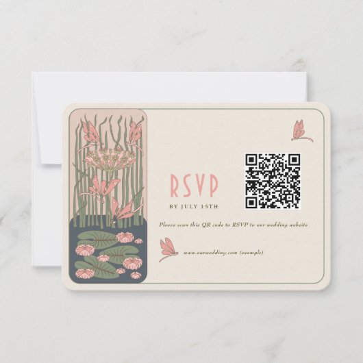 Roze Bruiloft RSVP QR Code  Art Nouveau Kaart (Voorkant)
