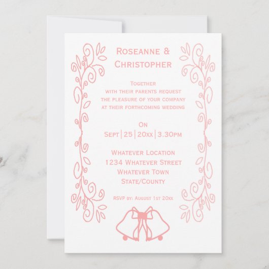 Roze bruiloft uitnodiging klokken scrollwork (Voorkant)