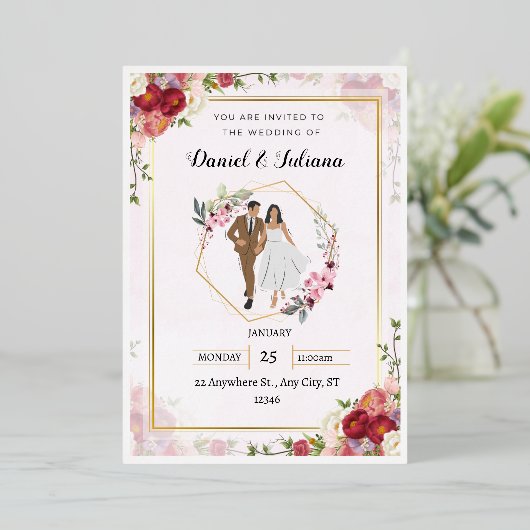 Roze bruiloft uitnodiging Sjabloon bruiloft uitnod (Staand Voorkant)