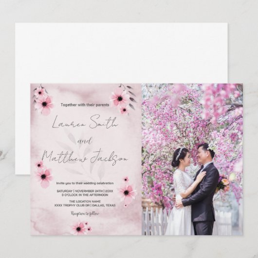 Roze bruiloft uitnodigingen met foto (Voorkant / Achterkant)