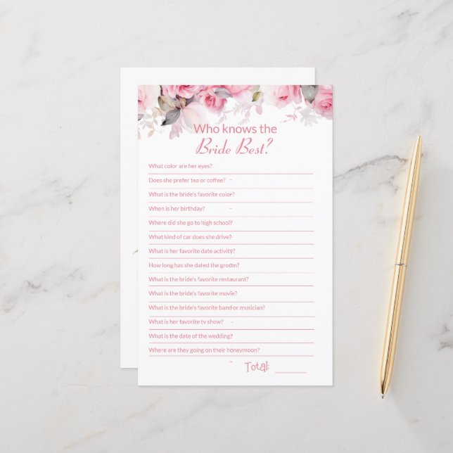 Roze Bruiloftsuitnodiging Hoe goed ken je spelkaar (Voorkant / Achterkant in situ)