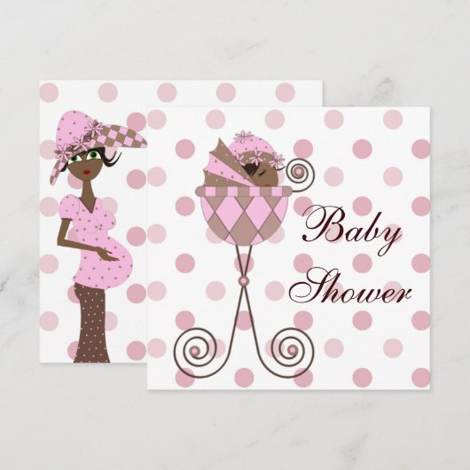 Roze Bruin Afro-Amerikaanse Baby Meisje Douche Kaart (Voorkant / Achterkant)