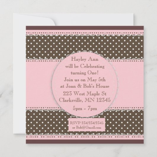 Roze & Bruin Baby Eerste Verjaardagsuitnodiging Kaart (Achterkant)