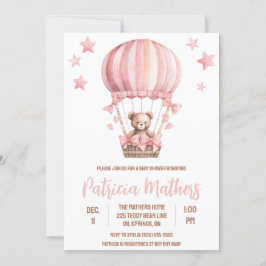 Roze & Bruin Beer in Hete Luchtballon Baby shower Kaart