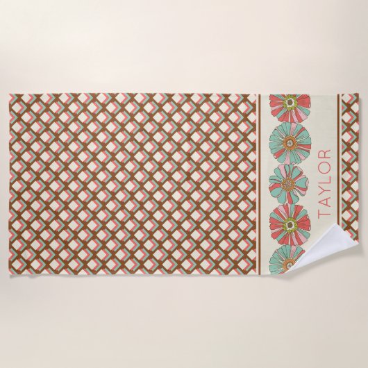 Roze Bruin Blauwgroen Geometrische Diamanten Retro Strandlaken (Voorkant)