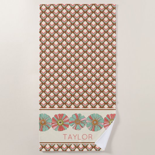 Roze Bruin Blauwgroen Geometrische Diamanten Retro Strandlaken (Voorkant)