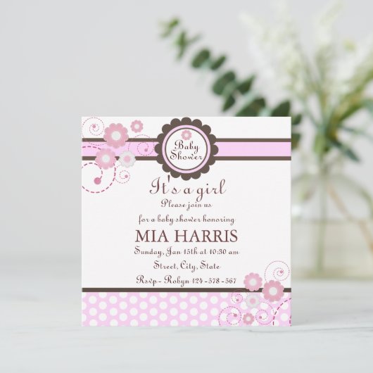 Roze & Bruin Bloemontwerp Baby shower Uitnodiging (Staand voorkant)