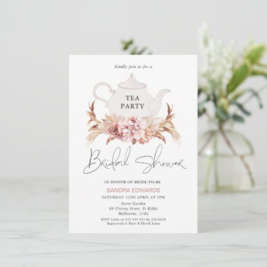 Roze bruin Boho Floral Tea Party Vrijgezellenfeest Kaart (Staand voorkant)