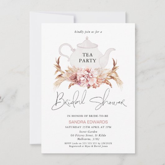 Roze bruin Boho Floral Tea Party Vrijgezellenfeest Kaart (Voorkant)