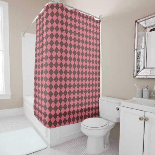 Roze Bruin Checker Diamant Patroon Douchegordijn (In situ)