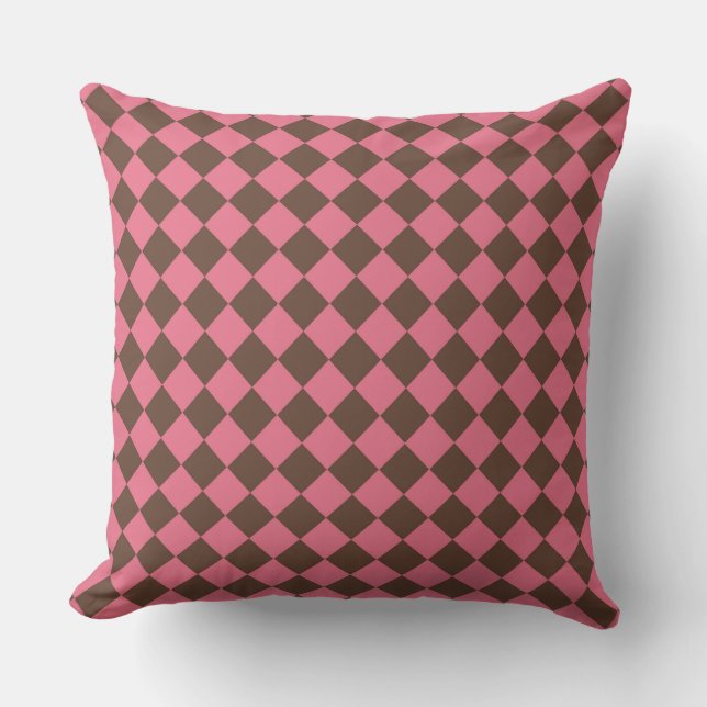 Roze Bruin Checker Diamant Patroon Kussen (Voorkant)