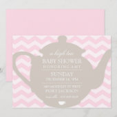 Roze & Bruin Chevron High Tea Baby shower Uitnodig Kaart (Voorkant / Achterkant)