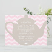 Roze & Bruin Chevron High Tea Baby shower Uitnodig Kaart (Staand voorkant)