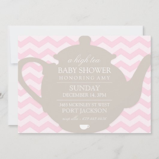 Roze & Bruin Chevron High Tea Baby shower Uitnodig Kaart (Voorkant)
