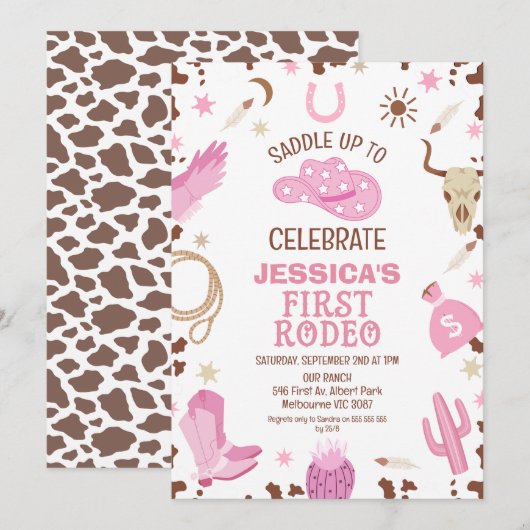 Roze Bruin Cowgirl Eerste Rodeo 1e Verjaardag Kaart (Voorkant / Achterkant)