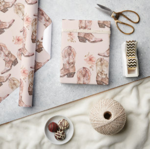 Roze Bruin Cowgirl Southwestern Laarzen Bloemen Cadeaupapier