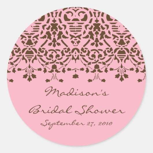 Roze & Bruin Damask Bruidsdouche Sticker (Voorkant)