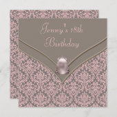 Roze Bruin Damask Meisjes 18e Verjaardagsfeest Kaart (Voorkant / Achterkant)