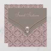Roze Bruin Damask Sweet 16 Party Kaart (Voorkant / Achterkant)