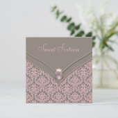 Roze Bruin Damask Sweet 16 Party Kaart (Staand voorkant)