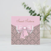 Roze Bruin Damask Sweet 16 Party Kaart (Staand voorkant)