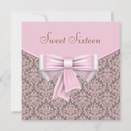 Roze Bruin Damask Sweet 16 Party Kaart (Voorkant)