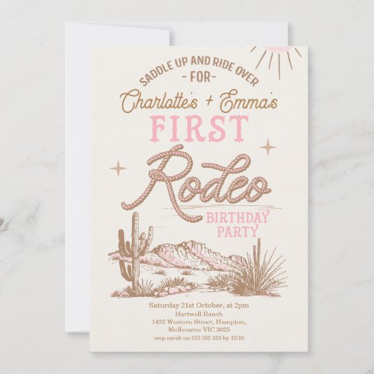 Roze Bruin Eerste Rodeo Joint Twins 1e Verjaardag Kaart (Voorkant)