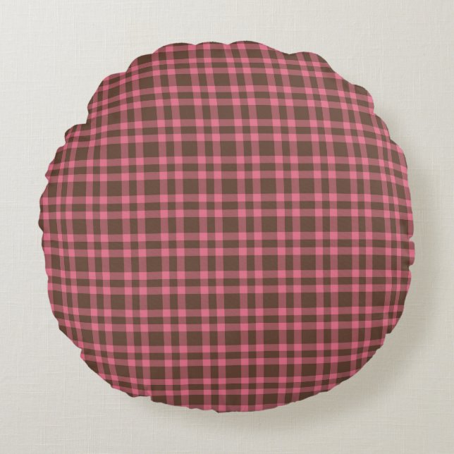 Roze bruin geruit patroon rond kussen (Voorkant)