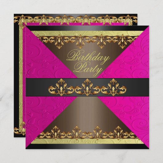 Roze/Bruin & Goud Damask Verjaardag Uitnodiging (Voorkant / Achterkant)