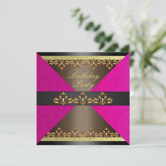 Roze/Bruin & Goud Damask Verjaardag Uitnodiging (Staand voorkant)